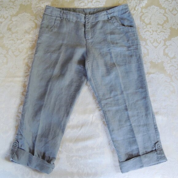 Cynthia Rowley Gray 100% Linen Tab Cuff Pants 14 - Picture 1 of 9